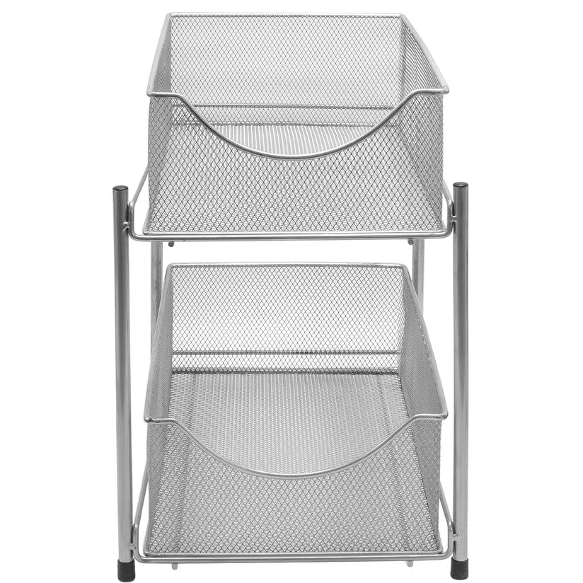 2 Tier Organizer Baskets with Mesh Sliding Made of Steel (Silver)