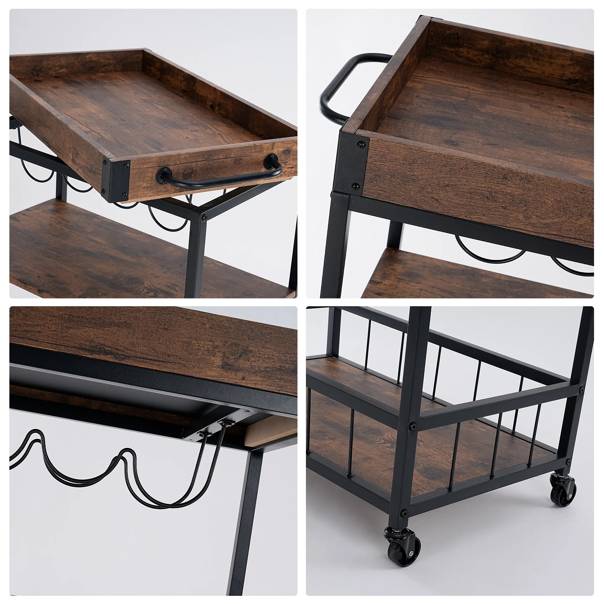3-Tier Industrial Kitchen Serving Trolley - Wood and Metal Bar Cart with Wine Rack