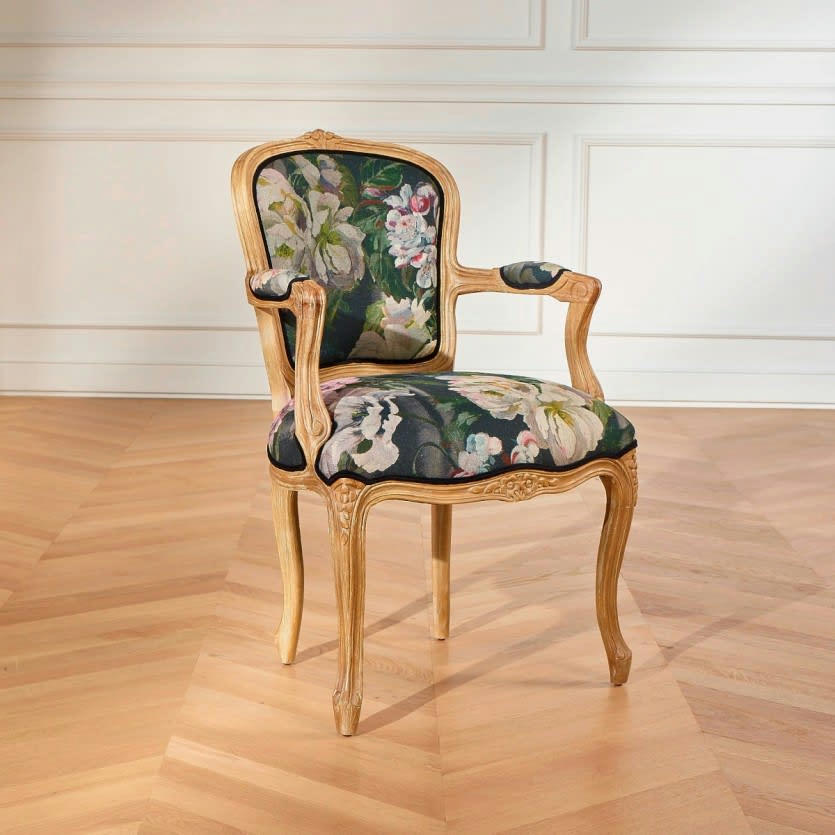 LOUVRE - Fauteuil cabriolet shabby chic en bois et tissu haute couture A motifs
