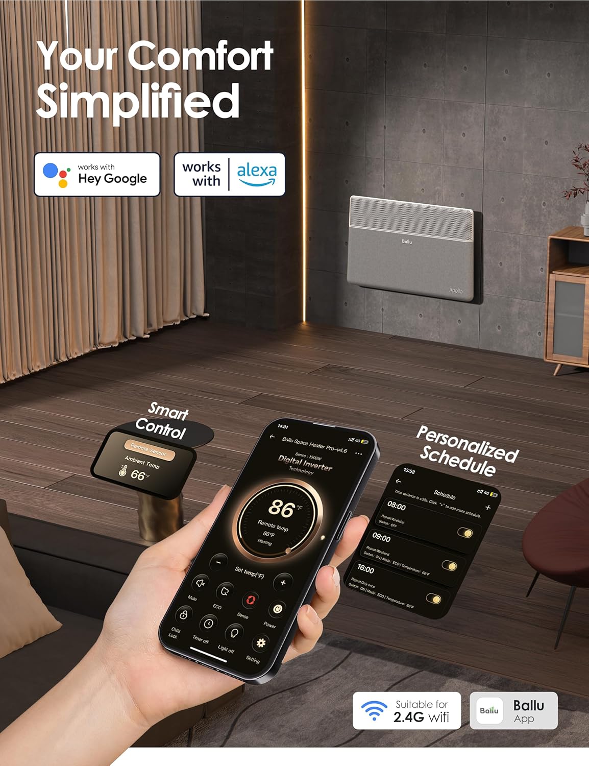 Ballu Convection Panel Space Heater for Large Room,Smart Quiet Heater with Programmable Thermostat,WiFi App Control,Inverter Energy Efficient for Indoor Use,Compatible with Alexa,White