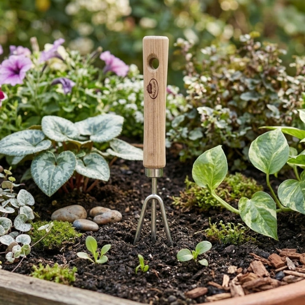 Małe grabki ogrodowe stal nierdzewna z drewnianą rączką 18,8 cm