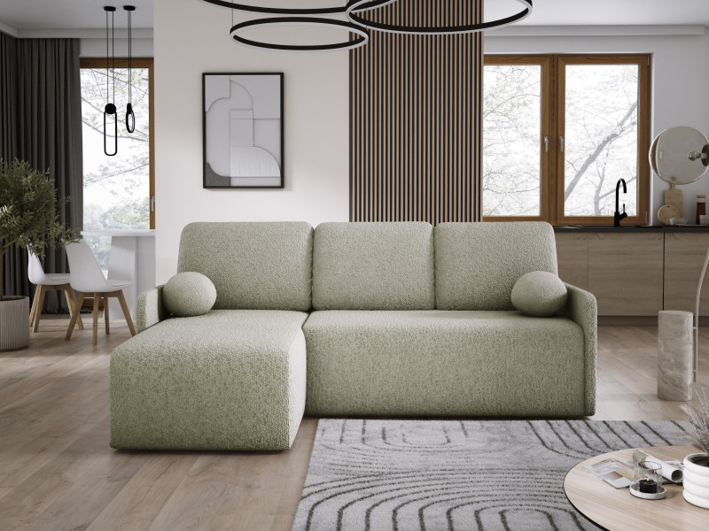 Wygodna sofa narożna baranek zgaszony beż HOPE z pojemnikiem rozkładana