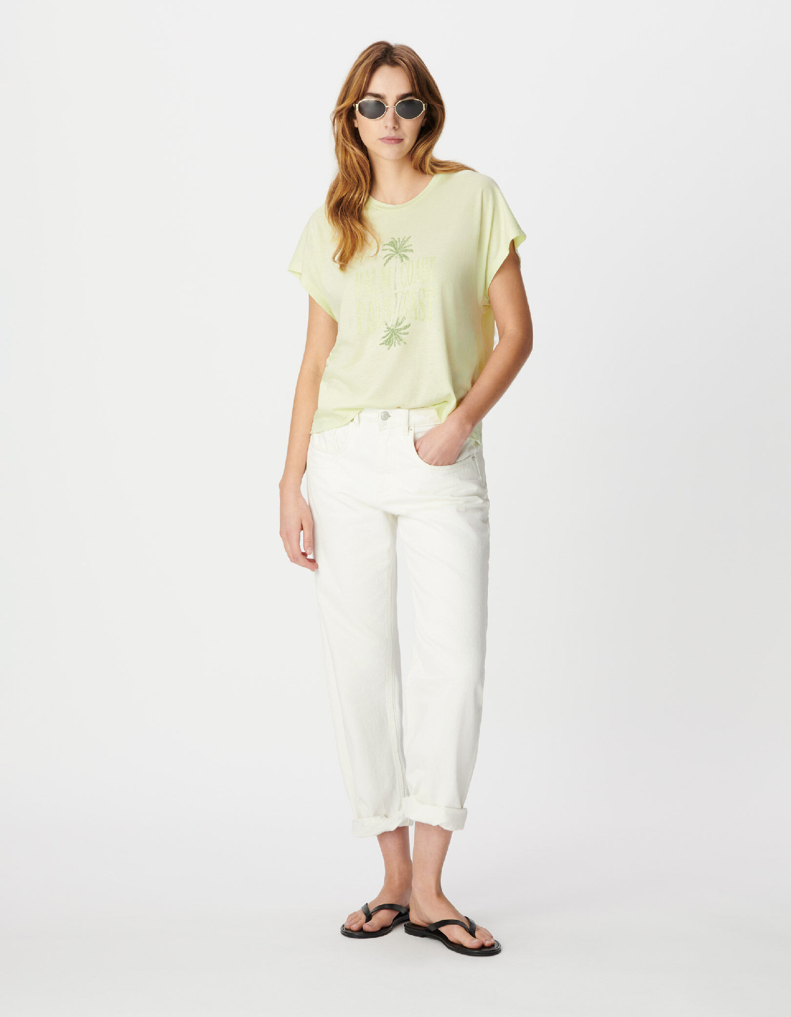 Tee-shirt vert visuels palmiers et message pailleté Femme