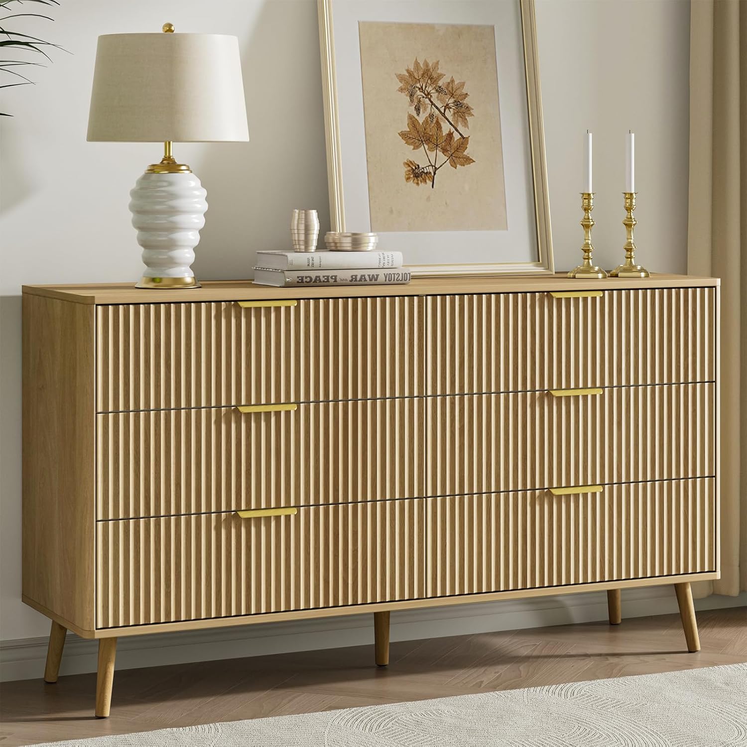 LYNSOM 55 Wide Fluted Dresser for Bedroom with 6 Drawer, Modern Chest of Drawers with Curved Profile Design and Metal Handles, Wood Dresser TV Stand & Storage Organizer for Living Room, Oak