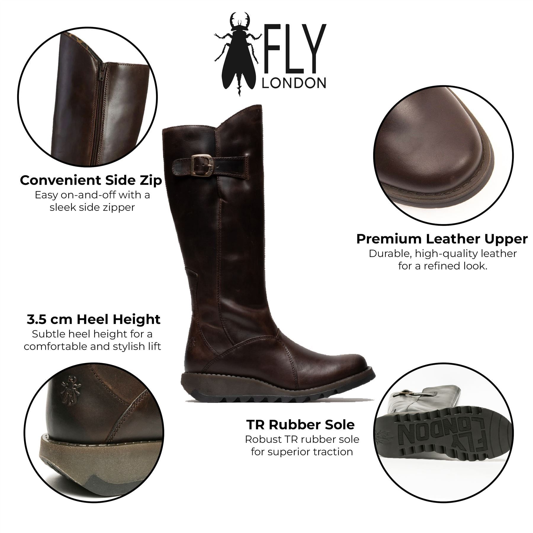 Infinity Leather Fly London MOL 2 Leather Wedge Heel Knee High Zip-Up Boots