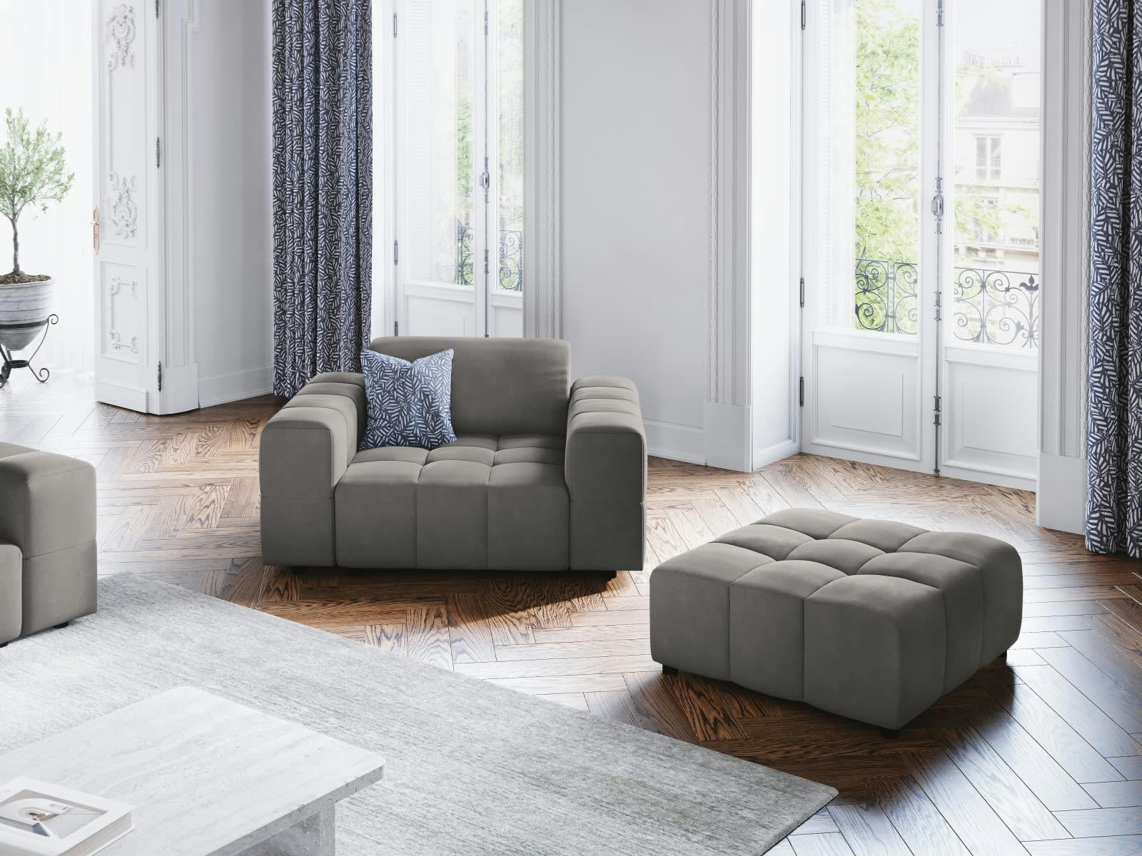 LUC - Pouf en tissu velours gris clair