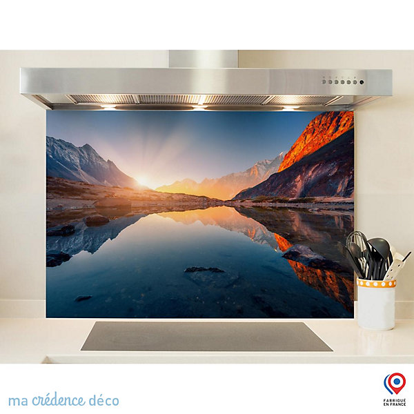 Crédence cuisine fond de hotte Soleil et montagnes, Himalaya - Verre trempé - L 90 cm x H 70 cm - MaCrédenceDéco