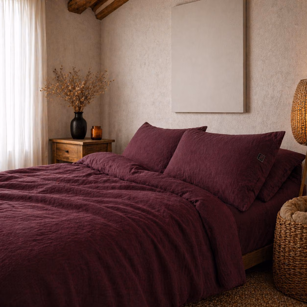 Burgundy Linen Duvet Cover Set, Soft Washed Linen Bedding, Deep Wine Color Bedding, Rustic Boho Bedroom Decor, Natural Flax Bedding Set