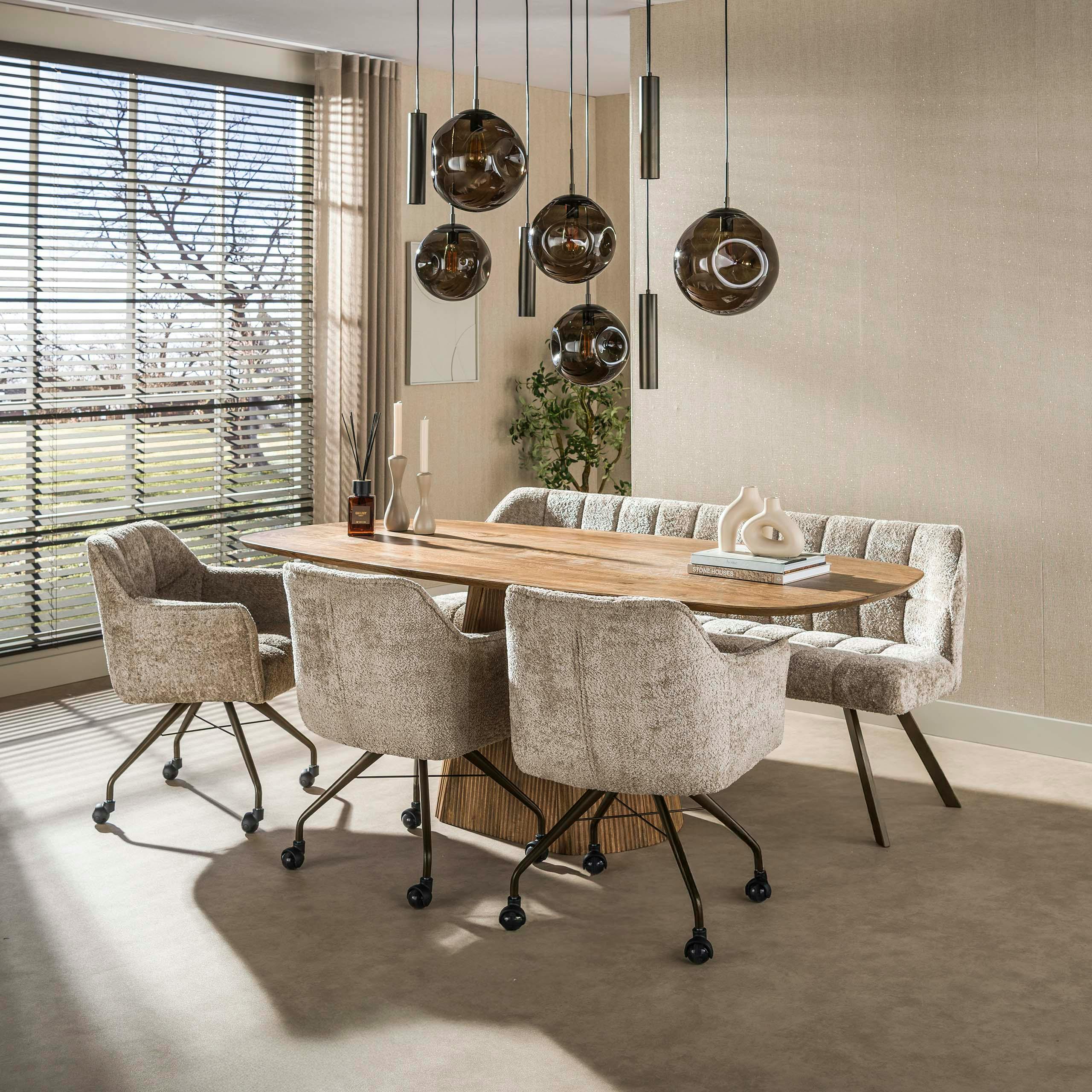 Chaise à roulettes sable tissu bouclette pied bronze (lot de 2) MELBOURNE