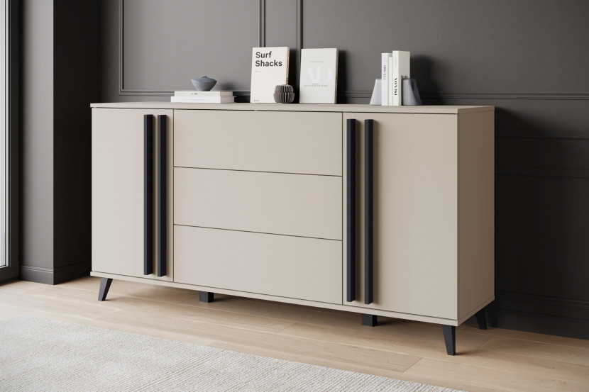 Komoda 150 cm do salonu nóżki, nowoczesna, 3 szuflady i 2 szafki, congo mat