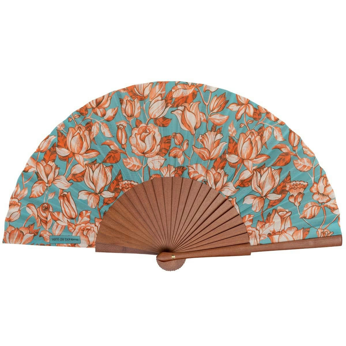 - Éventail en bois de merisier et coton imprimé fleuri orange