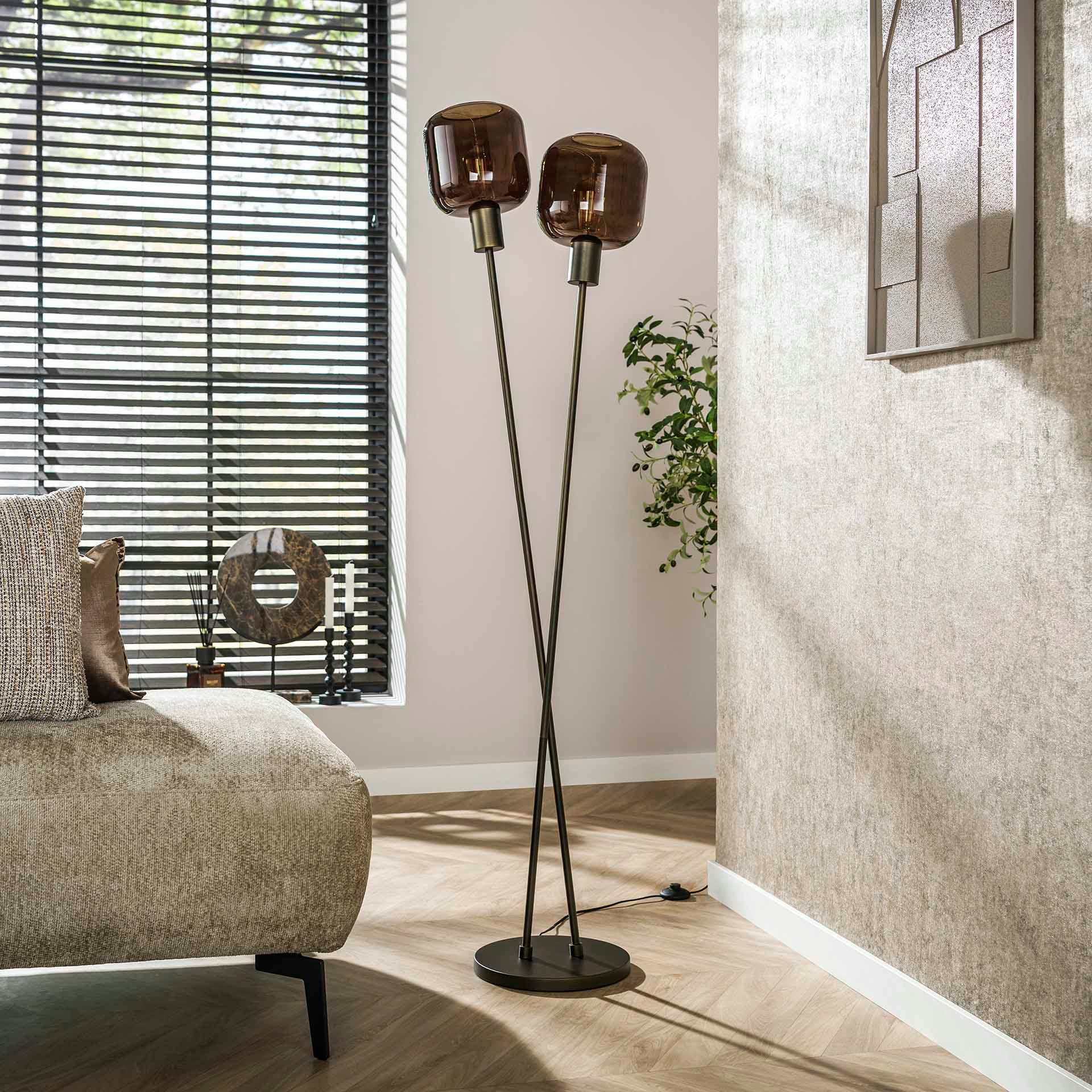 Lampadaire vintage verre – 2 abat–jour croisés bronze NOVA