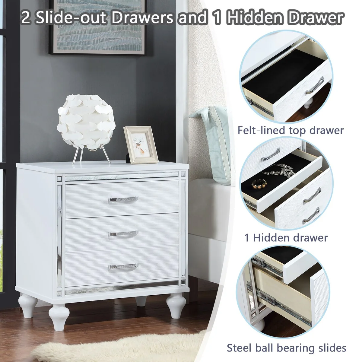Nightstand with 2 Drawers and One Hidden Drawer,Mirror Frame