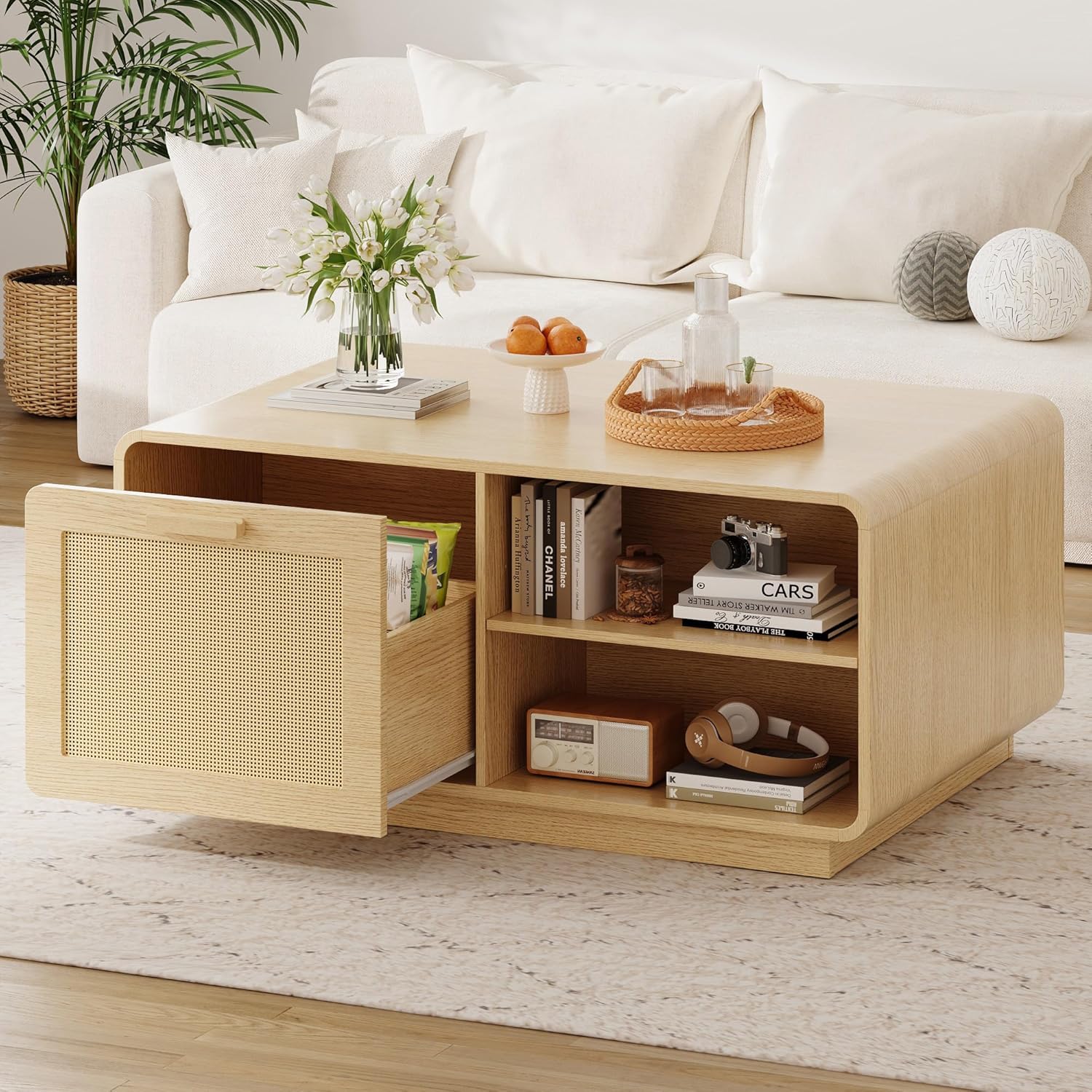 LIKIMIO 39.4 Rattan Coffee Table with Storage Drawers, Safety Curved Corners & 4-Tier Adjustable Shelves, Sturdy Base, Wood Center Table for Living Room, Natural