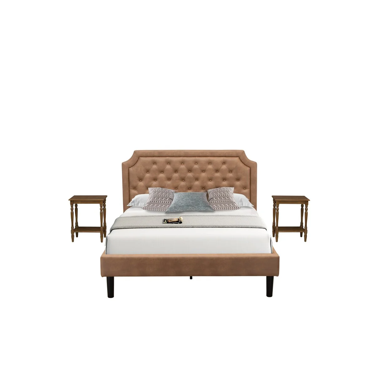 3-Piece Granbury Bed Set with a Queen Bed and 2 Antique Walnut Wood Nightstands - Brown faux leather and Black Legs