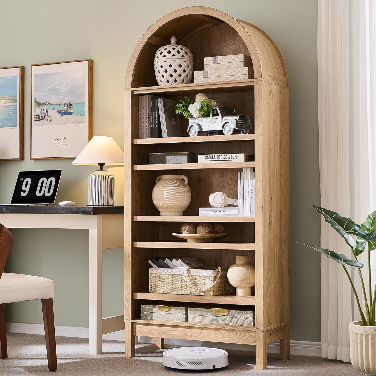 71 Tall Arched Bookshelf Set of 2, 7 Tiers Arch Bookcase with Storage, Modern Farmhouse Book Shelf with Adjustable Shelves, Wood Bookshelf w/Open Display Shelves for Living Room, Office, Natural