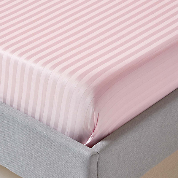 Drap plat satin rayé en coton égyptien 330 fils rose, 230x255 cm - HOMESCAPES