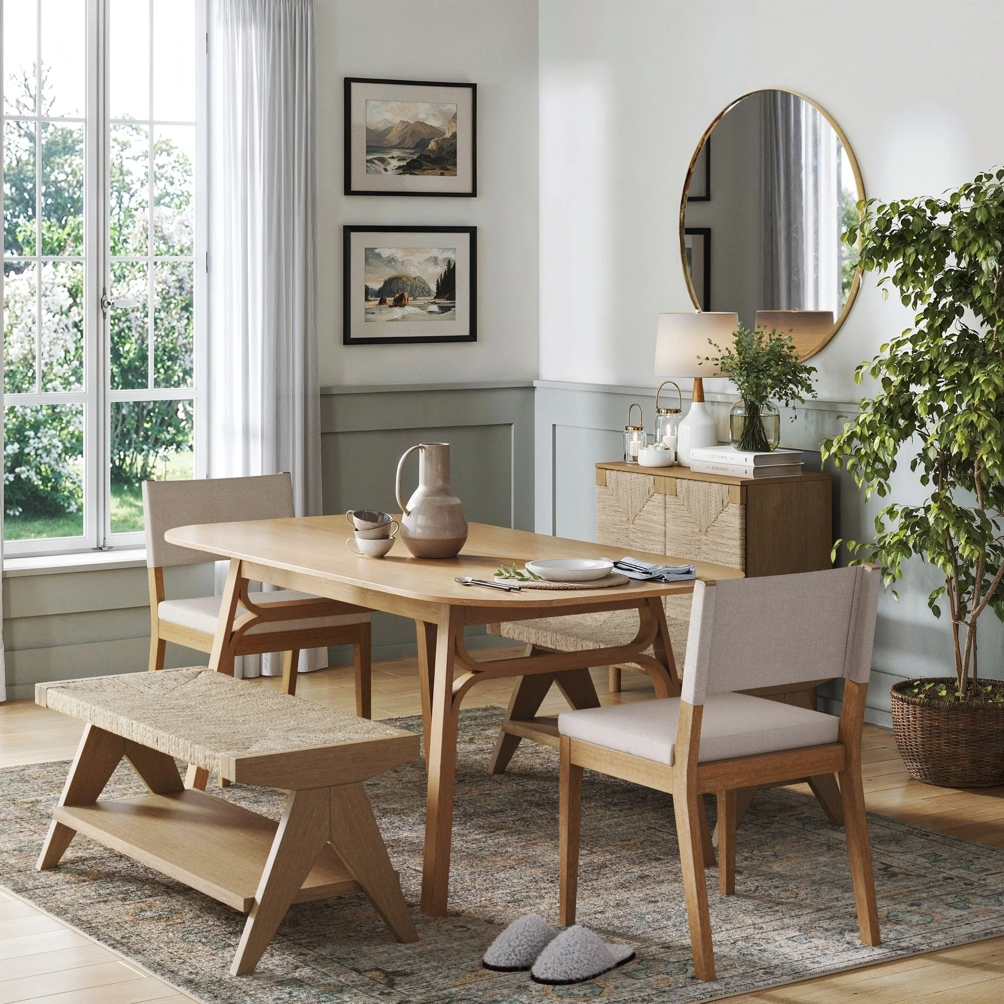 Beacon Bohemian Bench Seat with Shoe Storage, Seagrass Entryway or End of Bed Bench with Solid Wood Frame