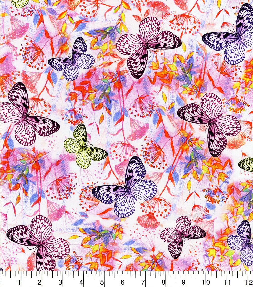 Pink Neon Butterfly Premium Cotton Fabric