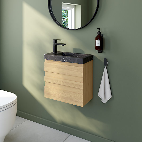 Ensemble meuble lave-mains Etty effet chêne l.44 cm   plan vasque lave-mains effet marbre noir