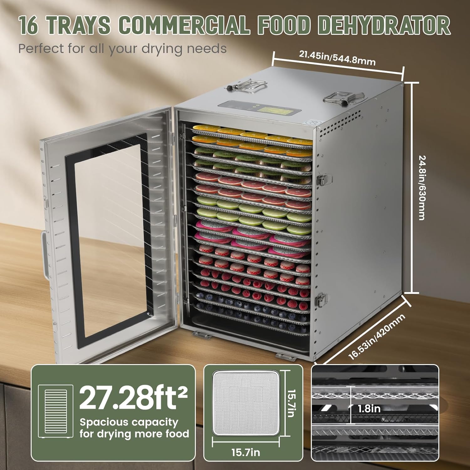 Commercial Food Dehydrator 16 Trays 1500W 70-190 F Large