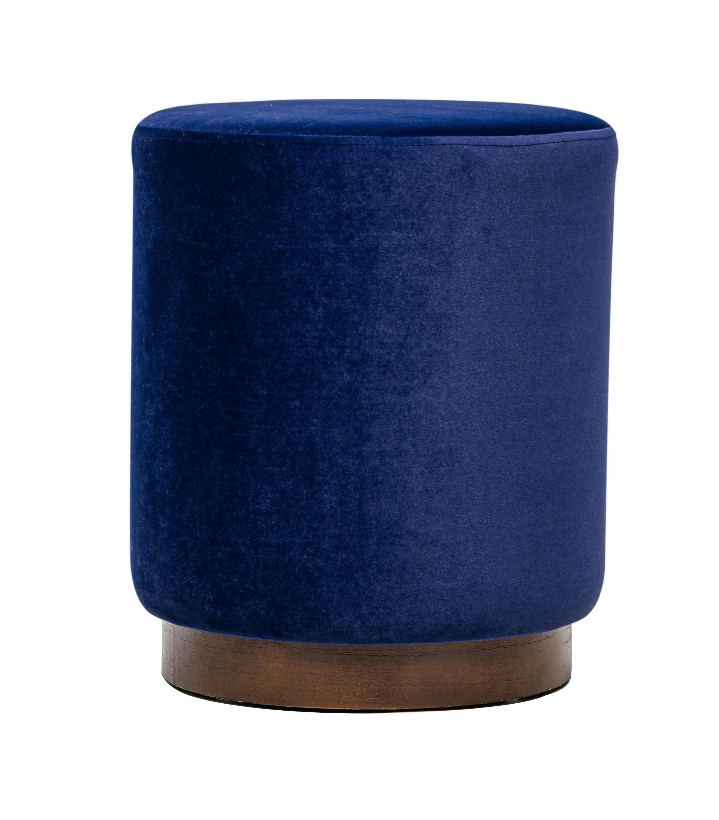- Pouf en velours bleu et base en bois