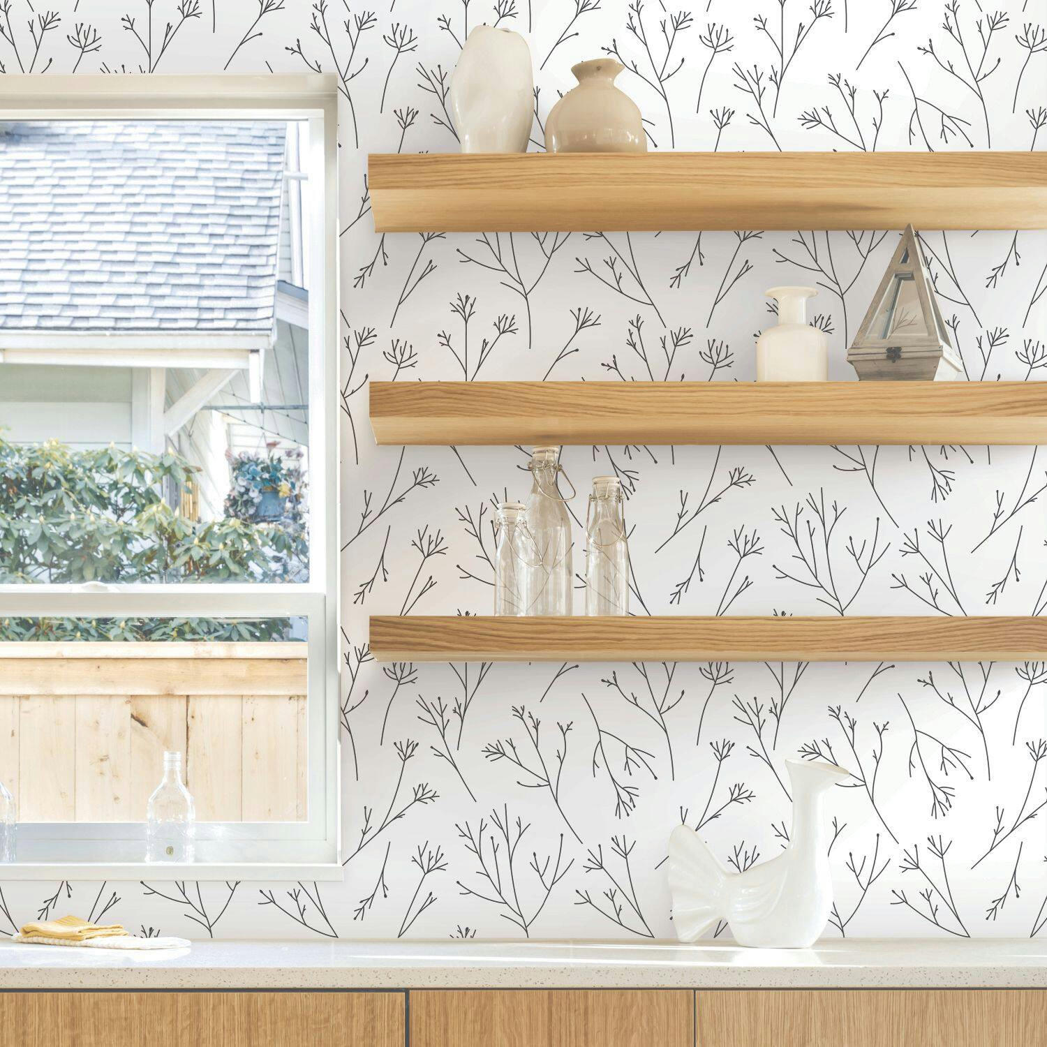 Roommates Peel & Stick Removable Wallpaper, Repositionable, Black & White Stick Flower Twigs