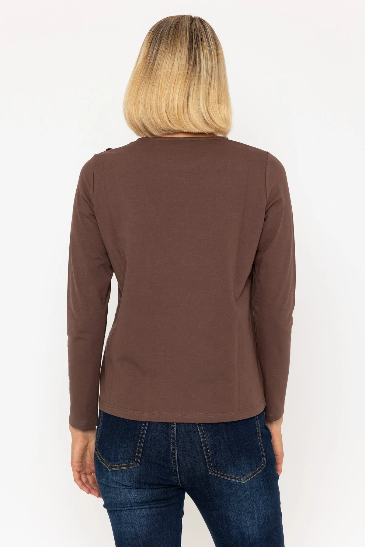 Brown Cotton Long Sleeve Top With Golden Buttons