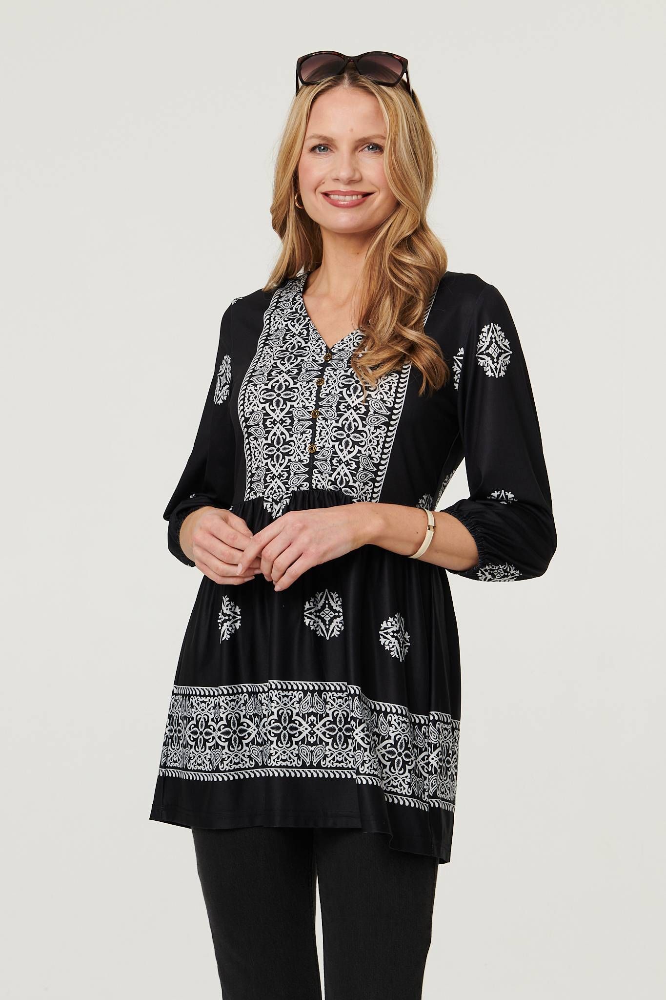 Izabel London Embroidered 3/4 Sleeve Shirred Blouse