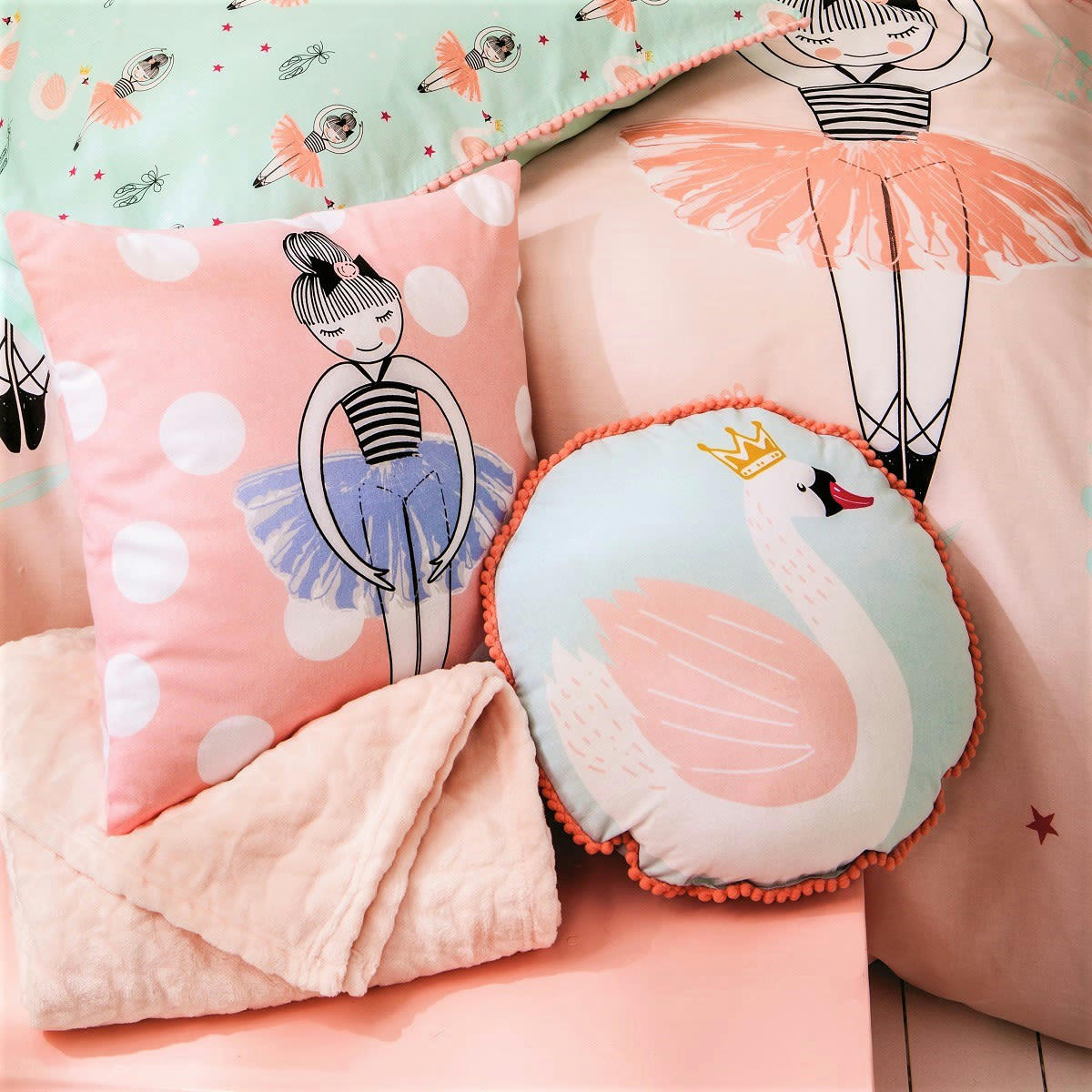 KIDS - Coussin rond coton bleu et rose avec cygne 35cm