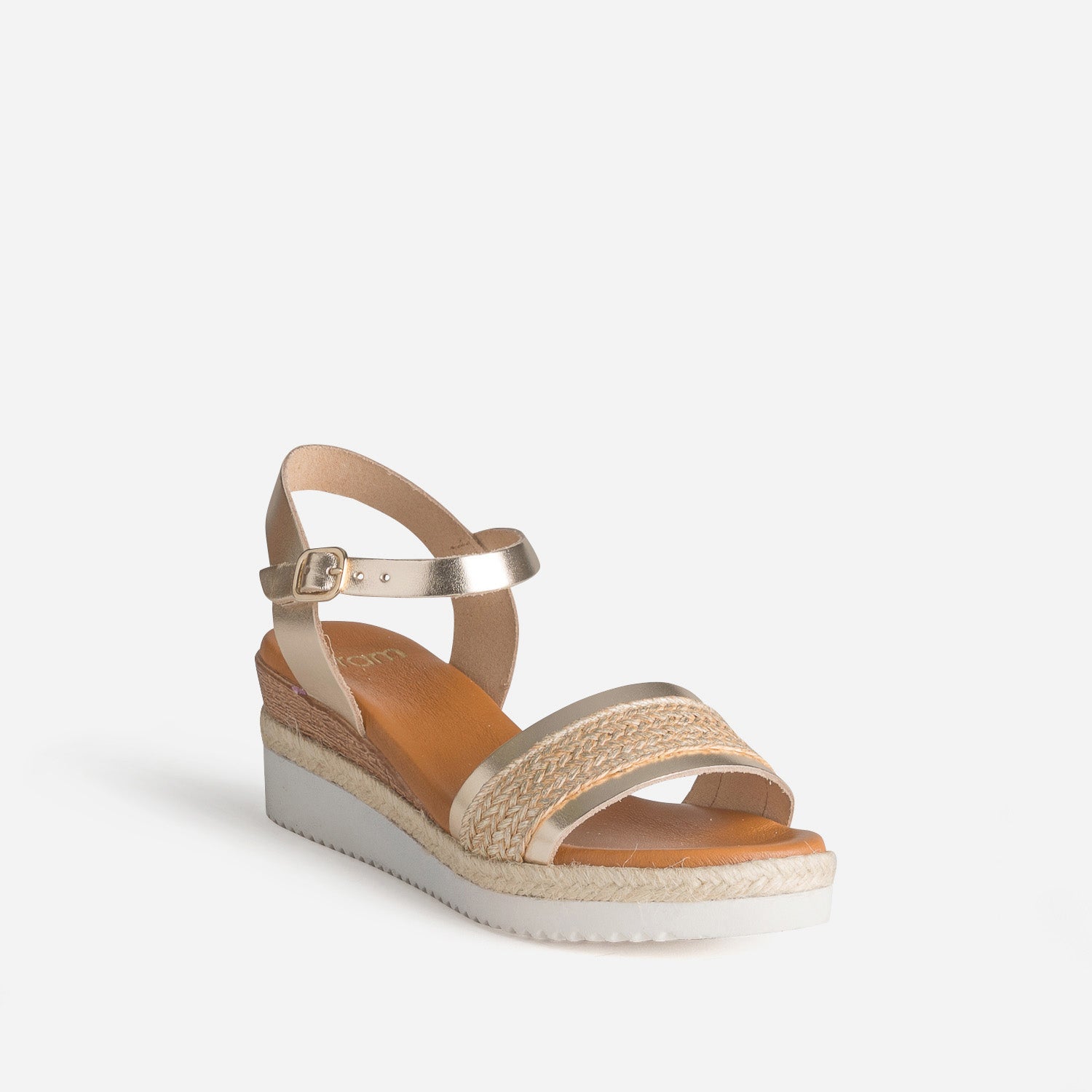 Sandale compensée orange cuir et tressage