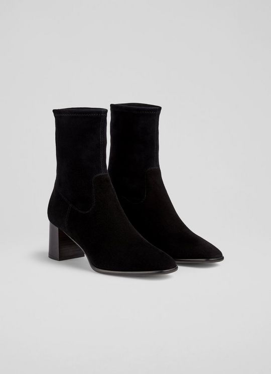 Harp Black Leather Block Heel Stretch Ankle Boot