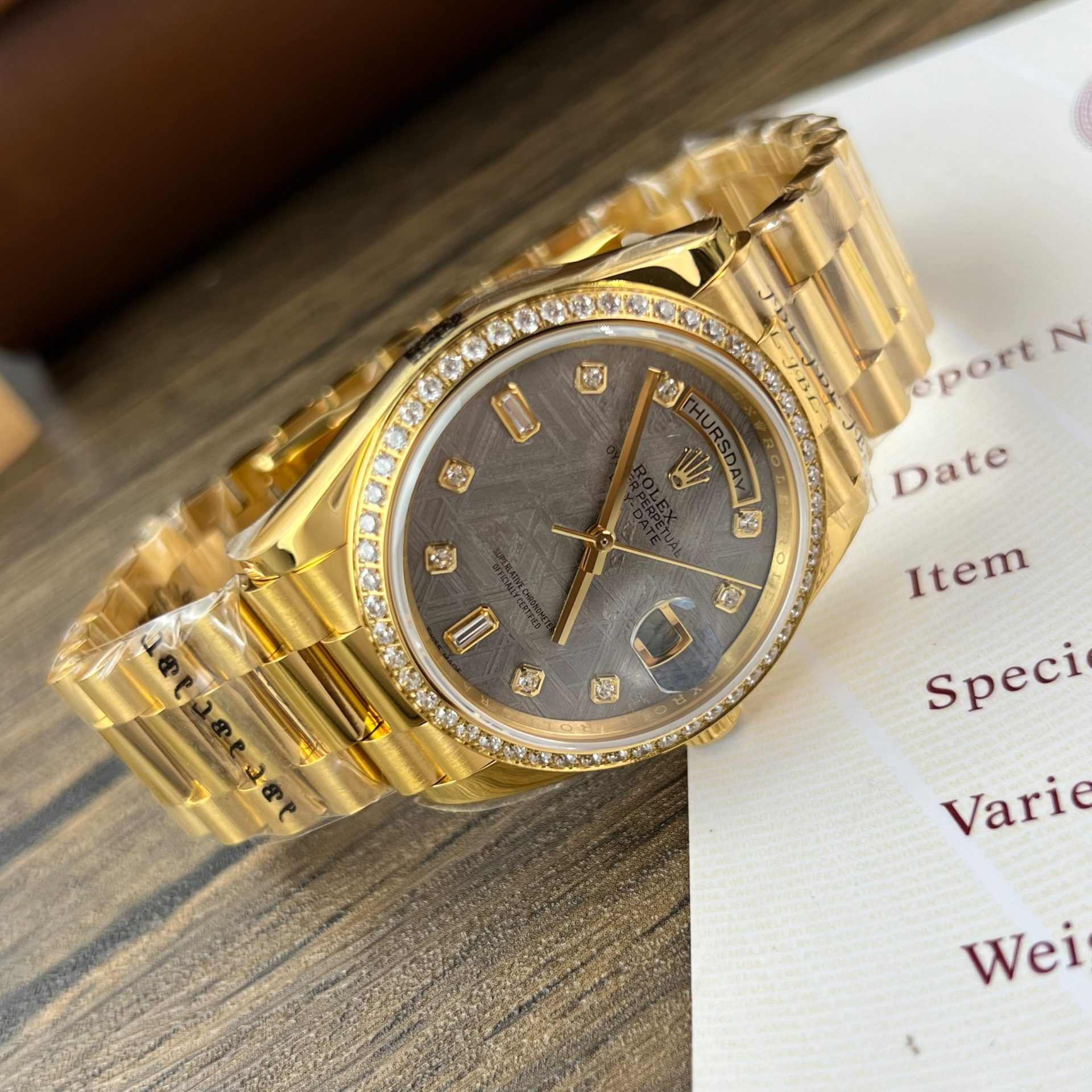 Rolex Day-Date YG Plated Meteorite Dial CZ Diamonds 36mm Super Clone