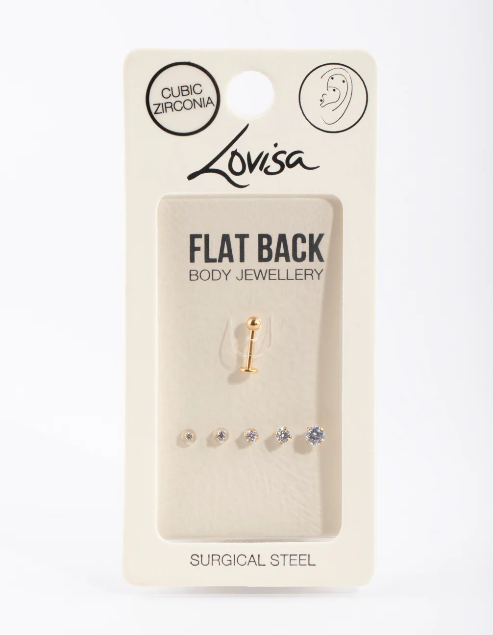 Gold Surgical Steel Single Flat Back Bar & Graduated Stone Interchangeable Ends 6-Pack