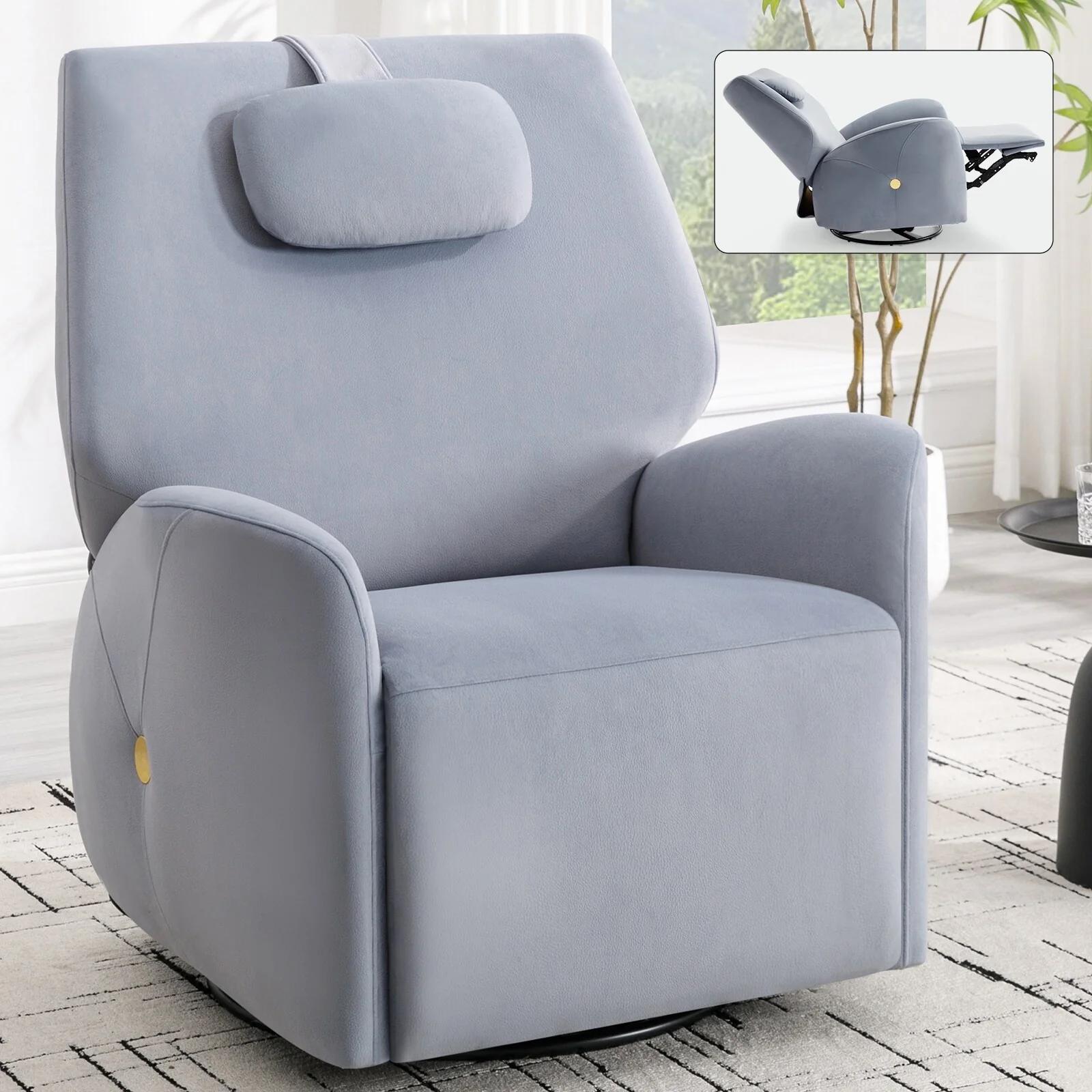 Grey Power Swivel Rocker Recliner with Lumbar Support, Neck Pillow, 270° Rotation, and USB & Type-C Connections