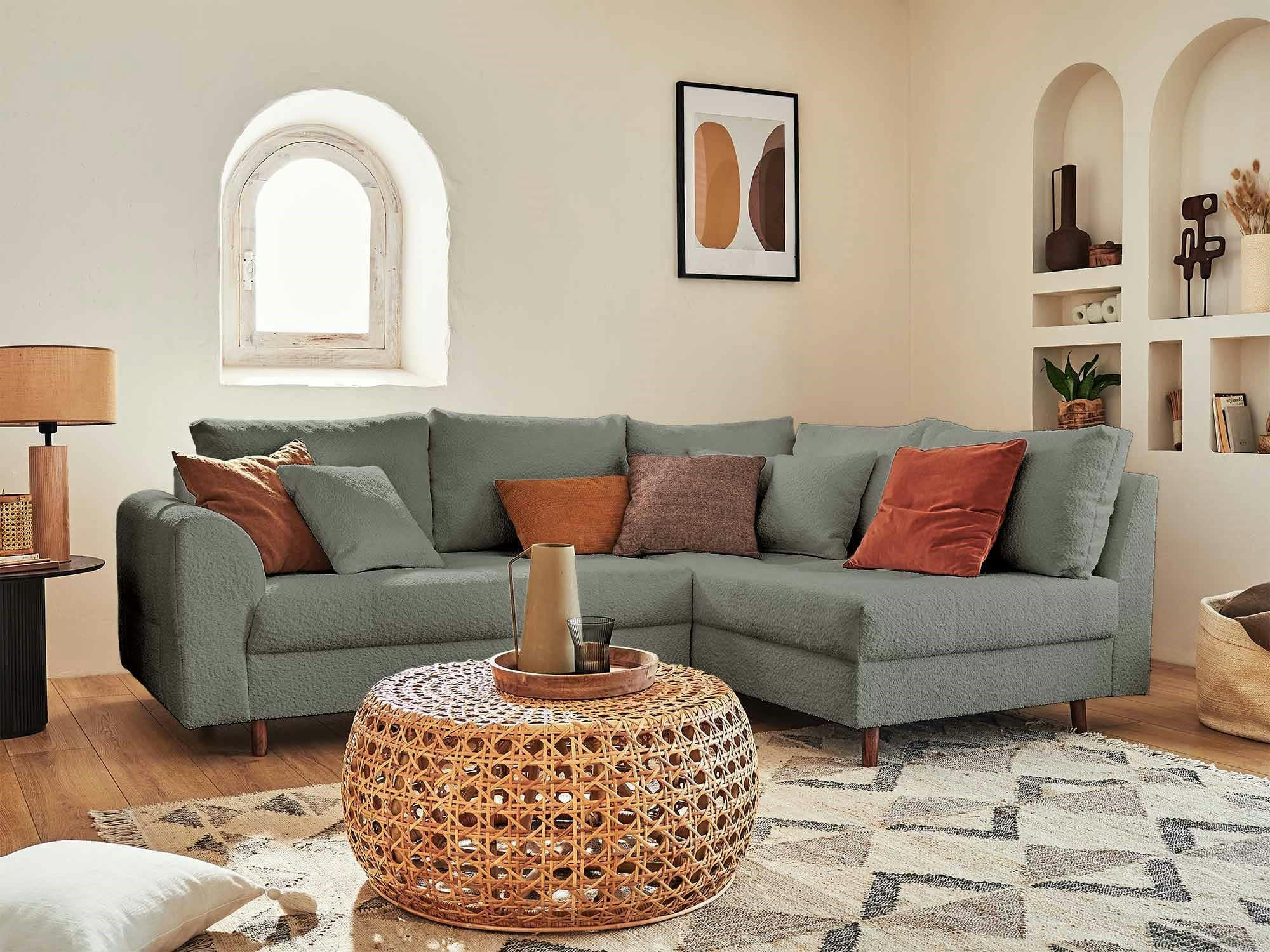 RUNE - Canapé d'angle droit 4 places en tissu bouclette gris