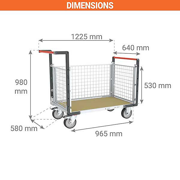 Chariot modulaire grillagé 3 côtés - Plateau bois médium 965x580mm - Charge max 500kg - 806724544