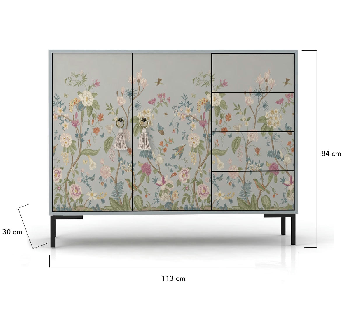 TELMA - Buffet bas 2 portes 4 tiroirs pin massif imprimé floral gris