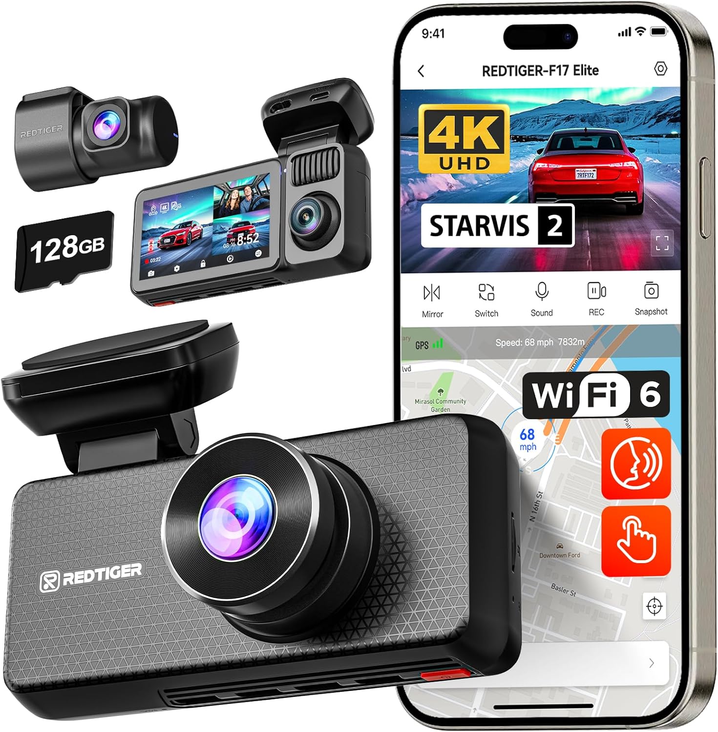 REDTIGER F17 Elite 4K Dash Cam 3 Channel  STARVIS 2 IMX678 & IMX675  128GB Card  Full Night Color  4K+2.5K+1080P Front and Rear Inside  Voice Control  5GHz WiFi-30MB/s Download  GPS  HDR  Parking Mode