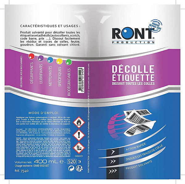 Décolle étiquette 520 ml en aérosol Ront Production
