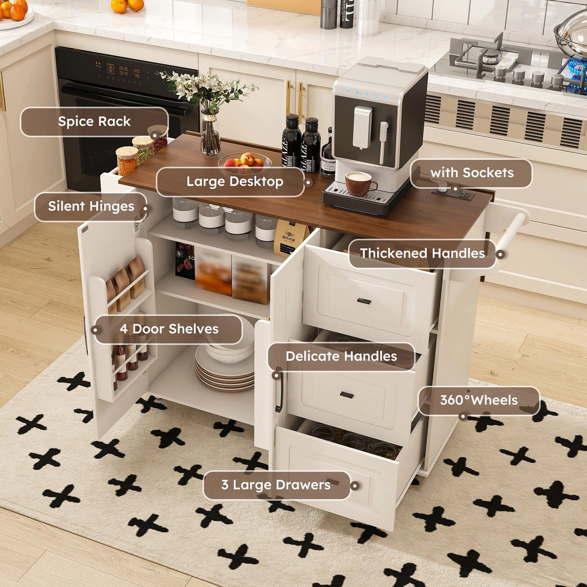 Kitchen Island Cart with Wheels, Drop Leaf & Storage