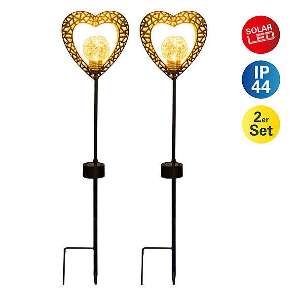 Lot de 2 lampes solaires LED cœur avec piquet de terre jardin terrasse métal noir or hauteur 59cm