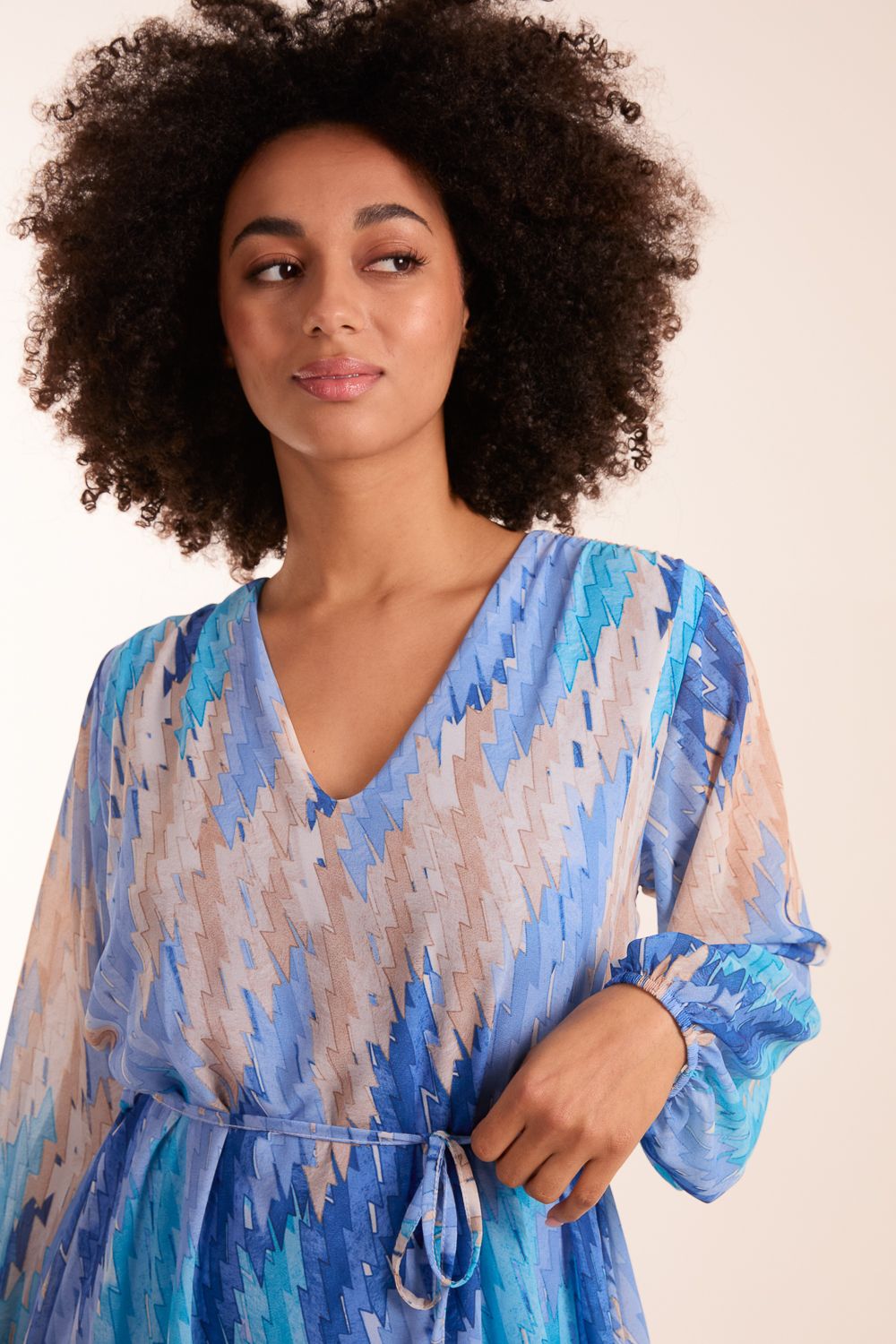 Blue Vanilla Zig Zag Printed Belted Dress