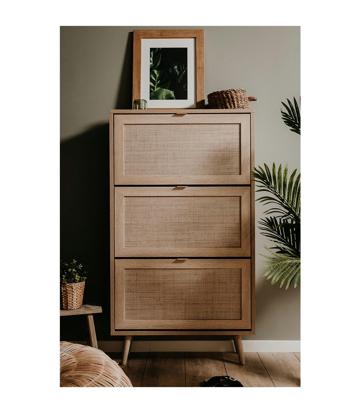 BALI - Meuble à Chaussures 3 portes L70 cm - Impression effet rotin