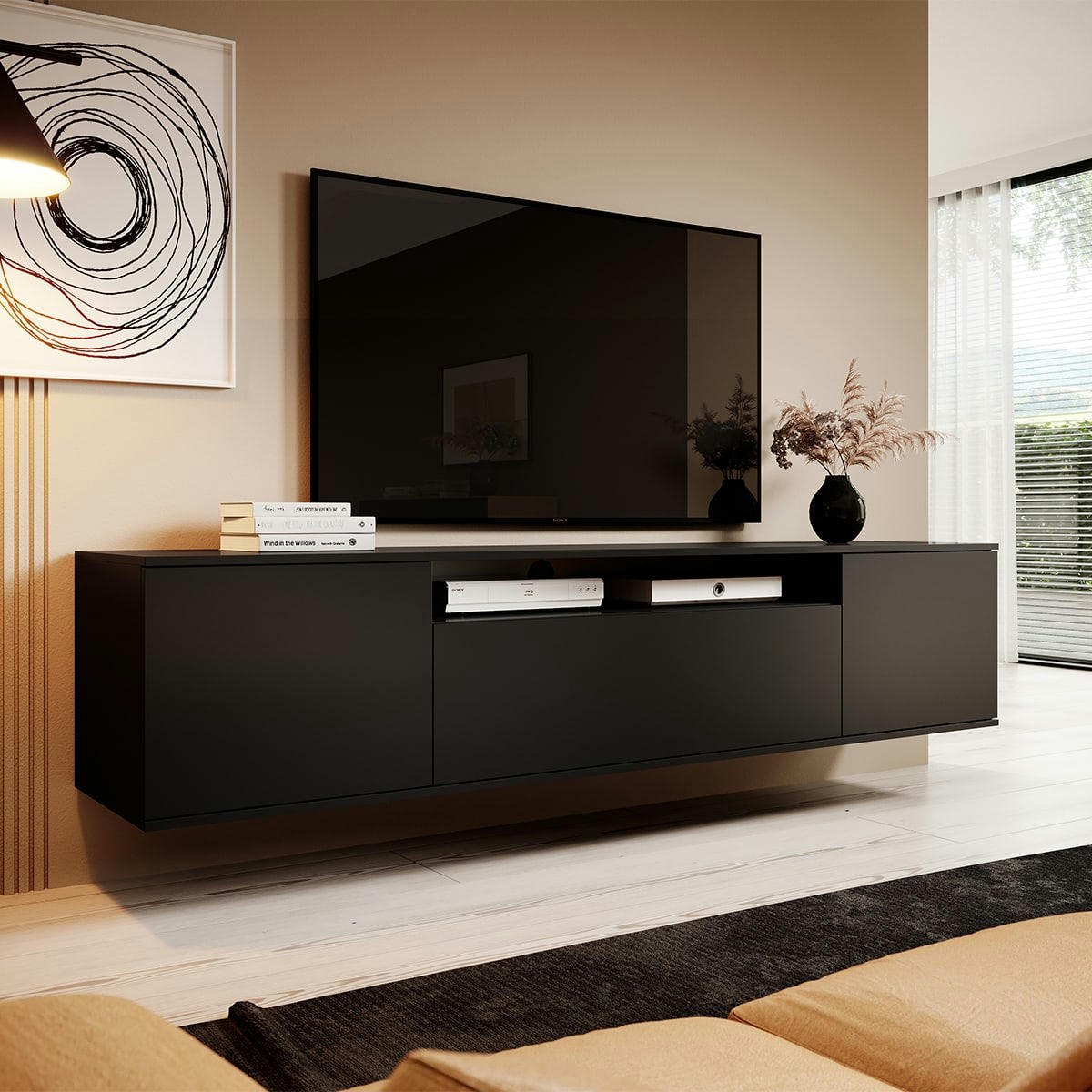 - Meuble TV mural 3 portes 180 cm stratifiés noir