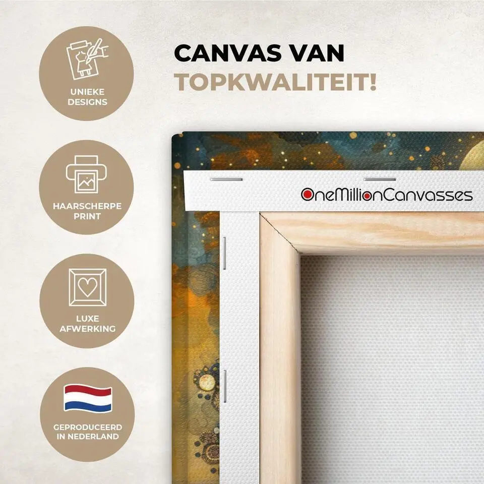 MuchoWow Canvas Schilderij 90x60cm Boom Maan Bloemen Goud