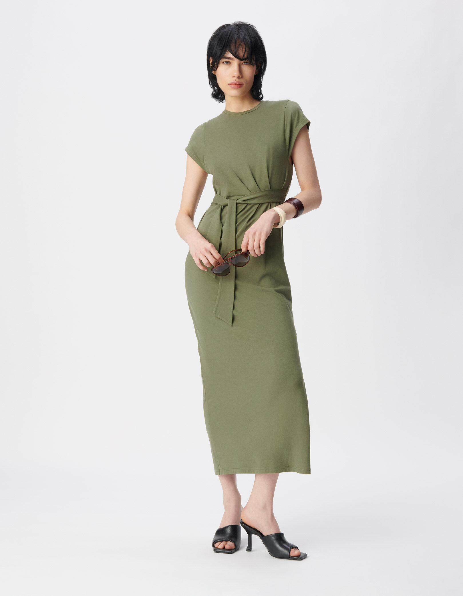Robe midi kaki ceinture à nouer Femme