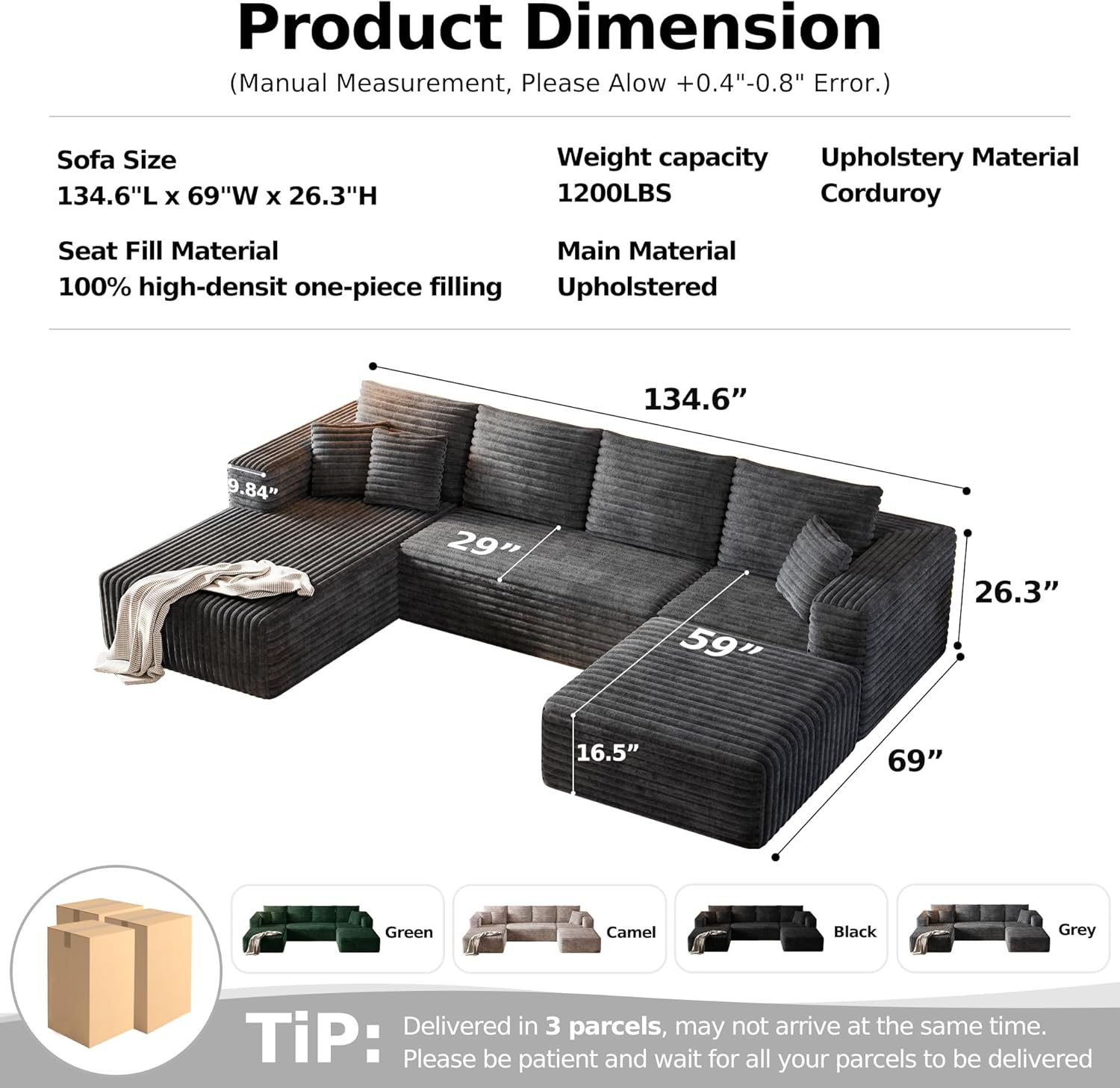 134.6 Modular Sectional Sofa with Deep Seat, Boneless U Shaped Corduroy Couch Modern Comfort, Cloud Couch Oversized for Living Room No Assembly (Gray)