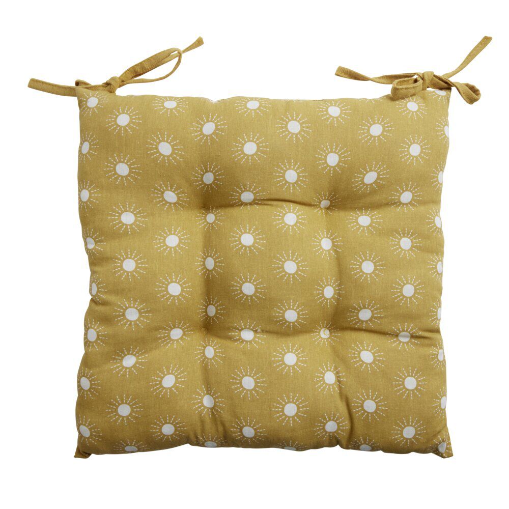 Galette de chaise carrée 38x38cm jaune moutarde motifs pois blancs