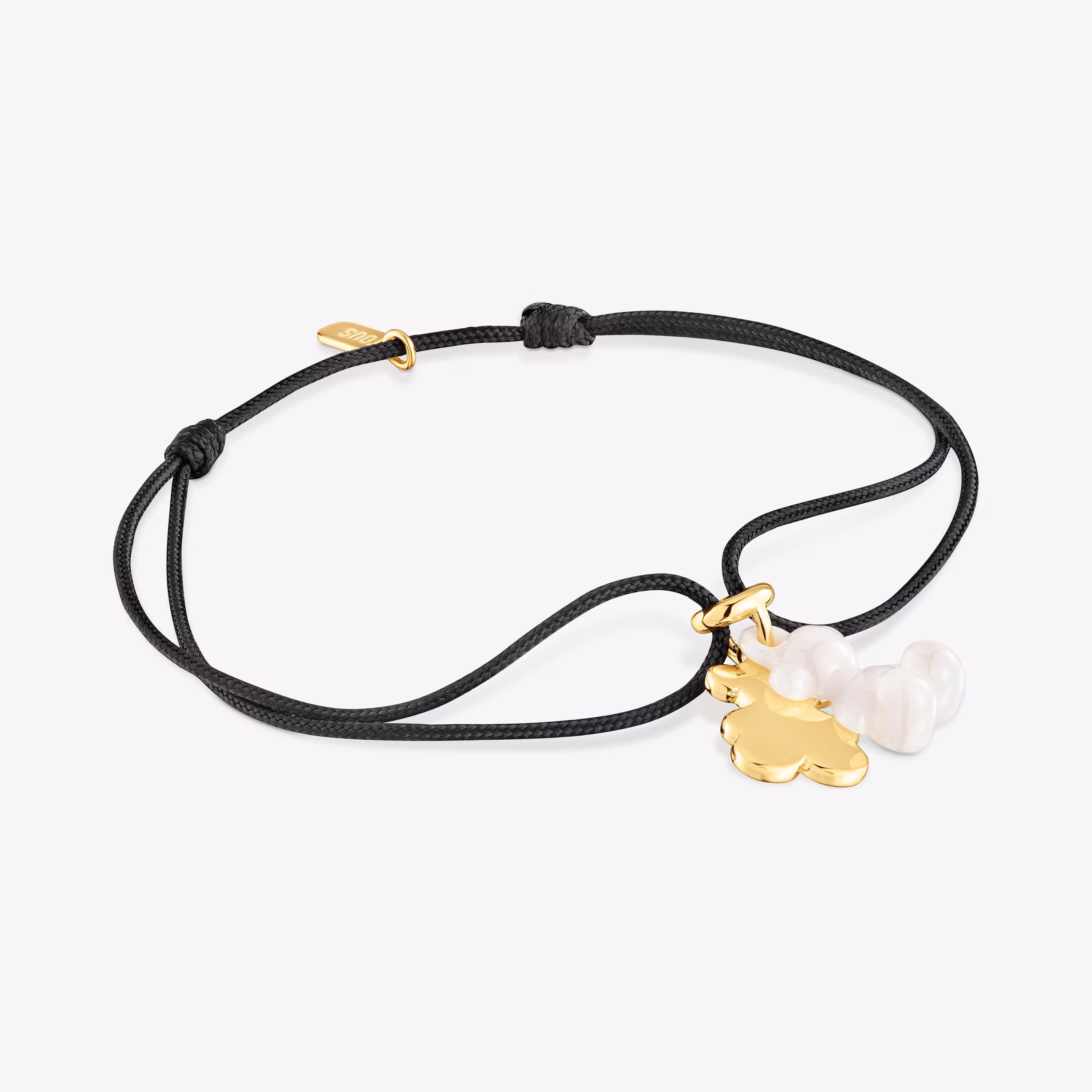 Pulsera doble oso con baño de oro 18 kt sobre plata, cerámica blanca y nylon negro Bold Bear